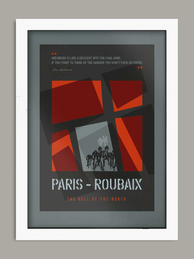 Paris Roubaix Cycling Poster Print - Dark grey and red stylised cobbled poster and featuring the classic phrase 'Hell of the North'.