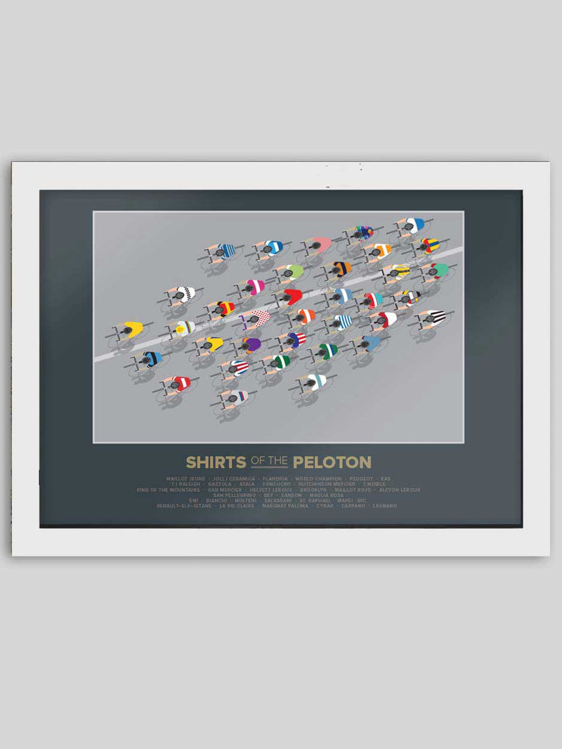 Shirts of the Peloton 2 - Cycling Poster Print featuring iconic retro and contemporary cycling jerseys including Molteni, Peugeot, Mapei, Faema and Bianchi.