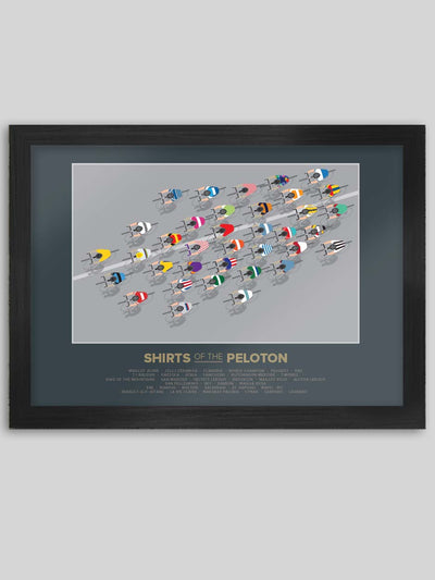 Shirts of the Peloton 2 - Cycling Poster Print featuring iconic retro and contemporary cycling jerseys including Molteni, Peugeot, Mapei, Faema and Bianchi.