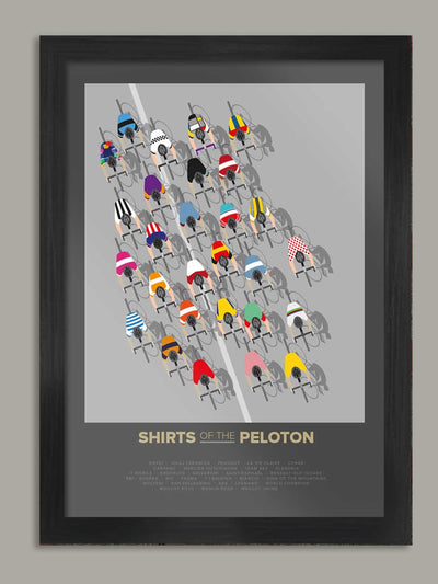 Shirts of the peloton contemporary cycling poster print. Featuring retro and contemporary cycling jerseys including Molteni, Faema, Peugeot, Raleigh, Flandria and Brooklyn.