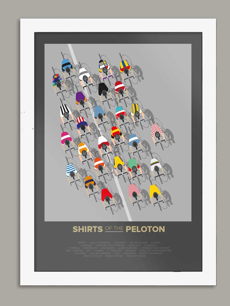 Shirts of the peloton contemporary cycling poster print. Featuring retro and contemporary cycling jerseys including Molteni, Faema, Peugeot, Raleigh, Flandria and Brooklyn.