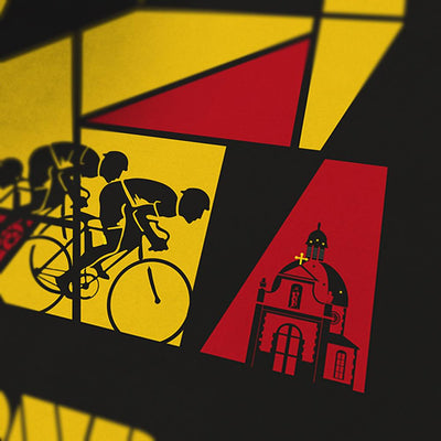 Tour of Flanders Cycling Poster Print - The Monuments. De Ronde - The Tour of Flanders. The most important race in Flanders - the design reflects both the regional flag of Flanders, national flag of Flanders and the cobbled sections which define the race and the short, but punishing climbs including the notorious Koppenberg. The poster includes a quote from 3 time winner Johan Museeuw 'The Lion of Flanders'