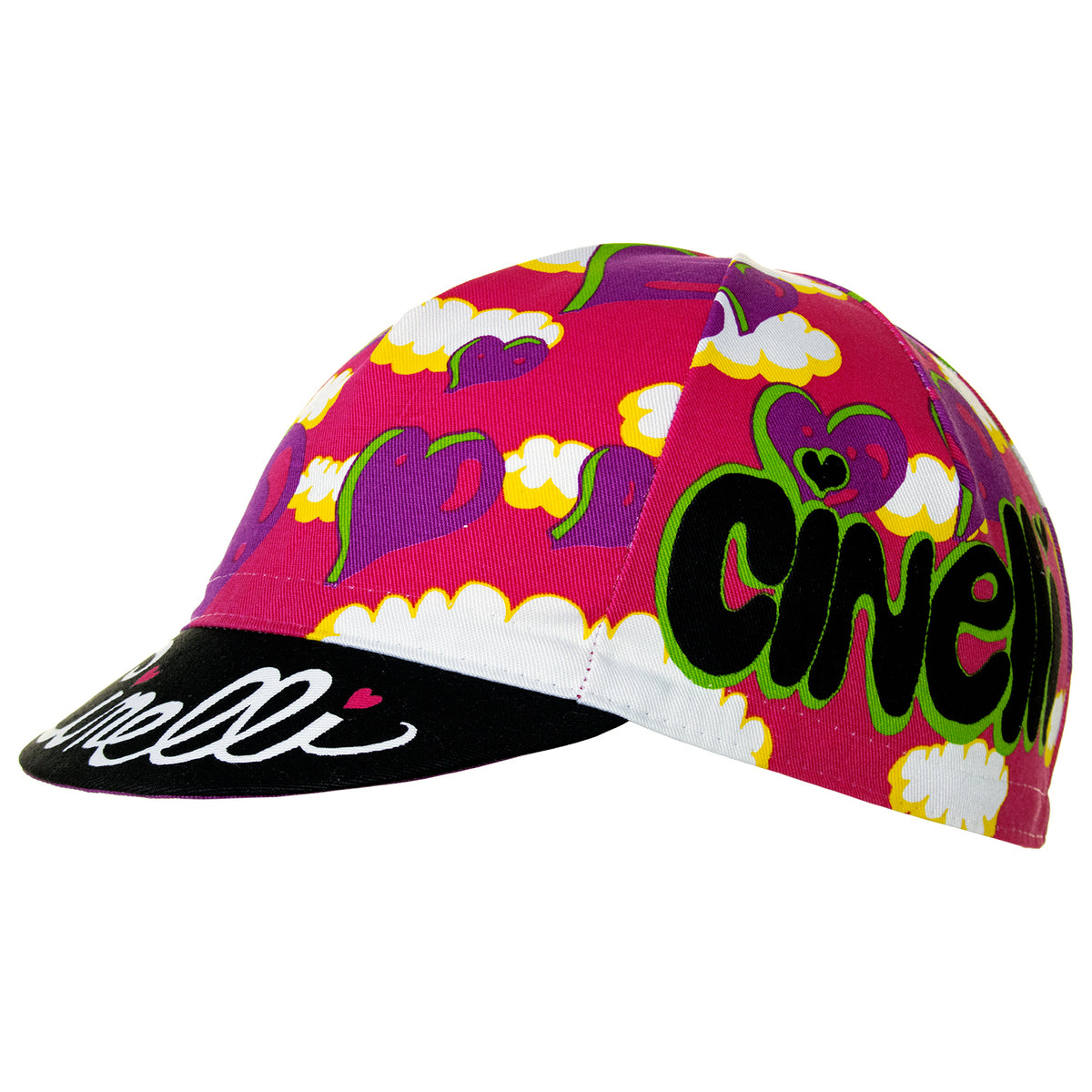 Side view of the Cinelli Ana Benaroya Heart Cotton Cycling Cap. See the Cinelli logos on the top of the peak and on each side in amongst that stunning pink, purple, white and black design.